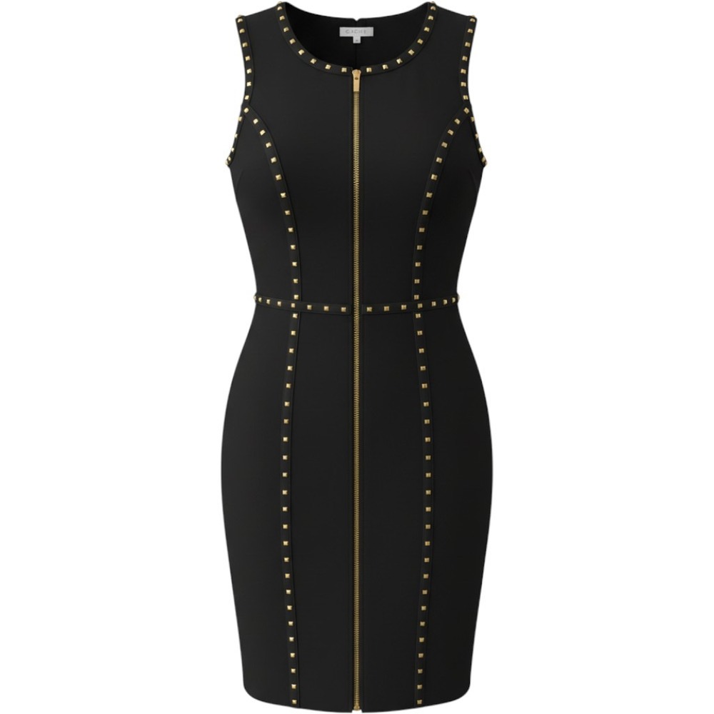 Cache Studded Sheath Dress 8 Black Gold Zip Front Sleeveless Faux Leather Trim